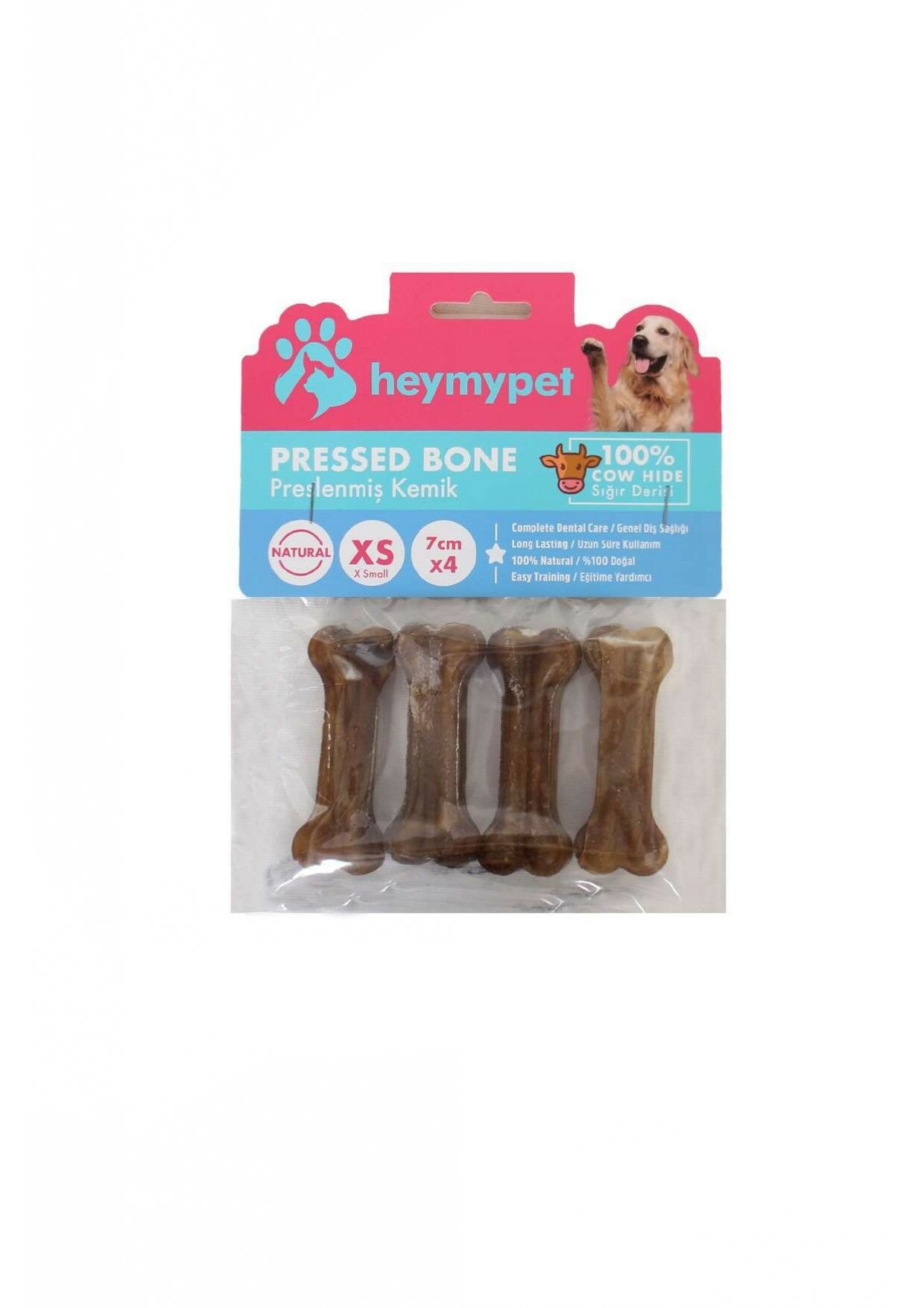 HEYMYPET DERİ PRES KEMİK 7 CM XS BOY 4'LÜ PAKET NATUREL