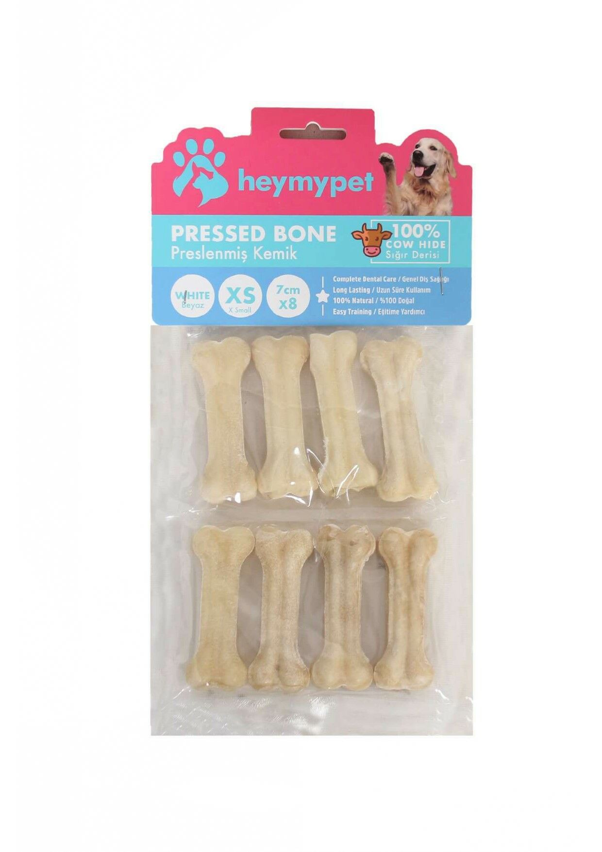 HEYMYPET DERİ PRES KEMİK 7 CM XS BOY 8'Lİ PAKET BEYAZ