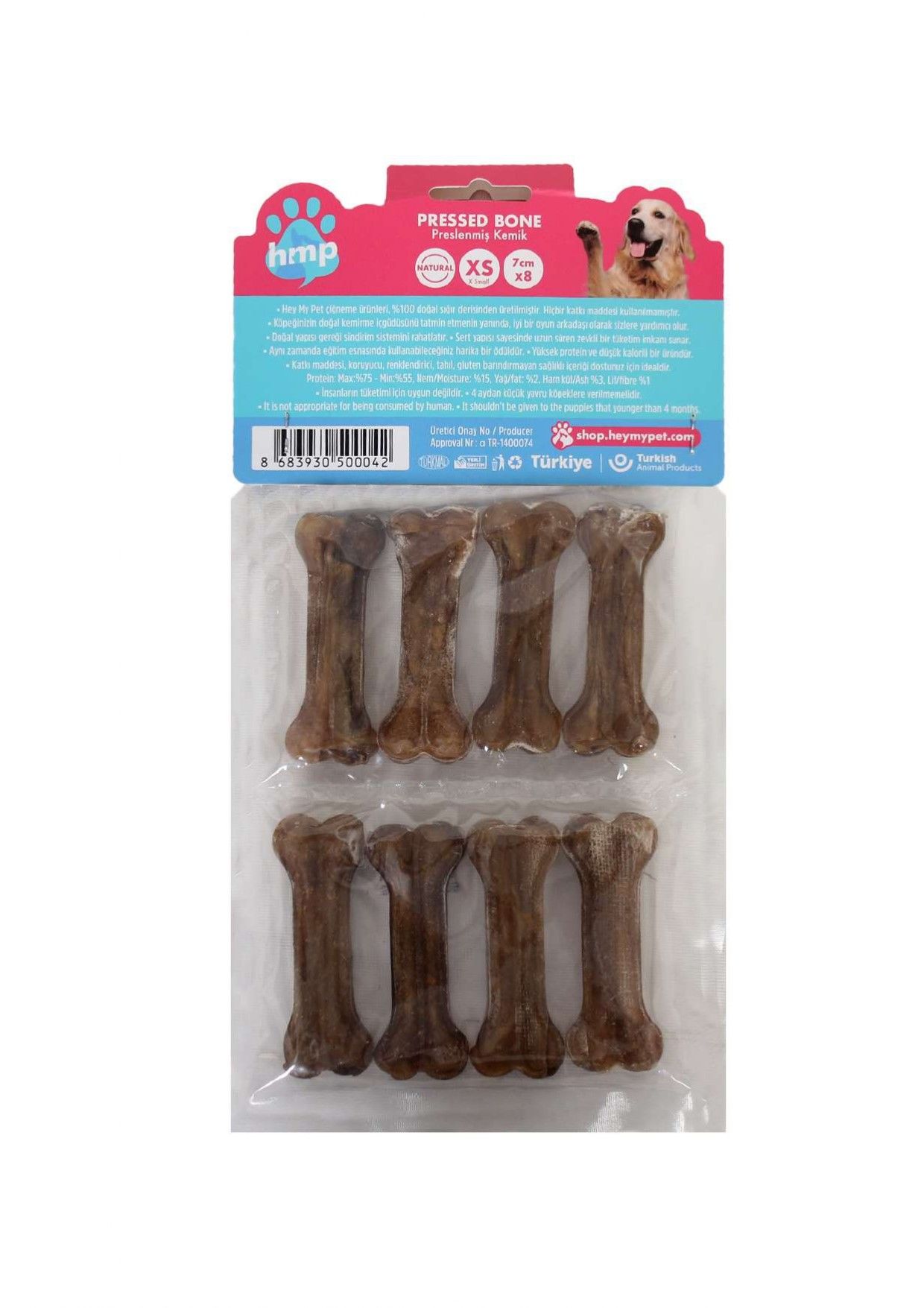 HEYMYPET DERİ PRES KEMİK 7 CM XS BOY 8'Lİ PAKET NATUREL
