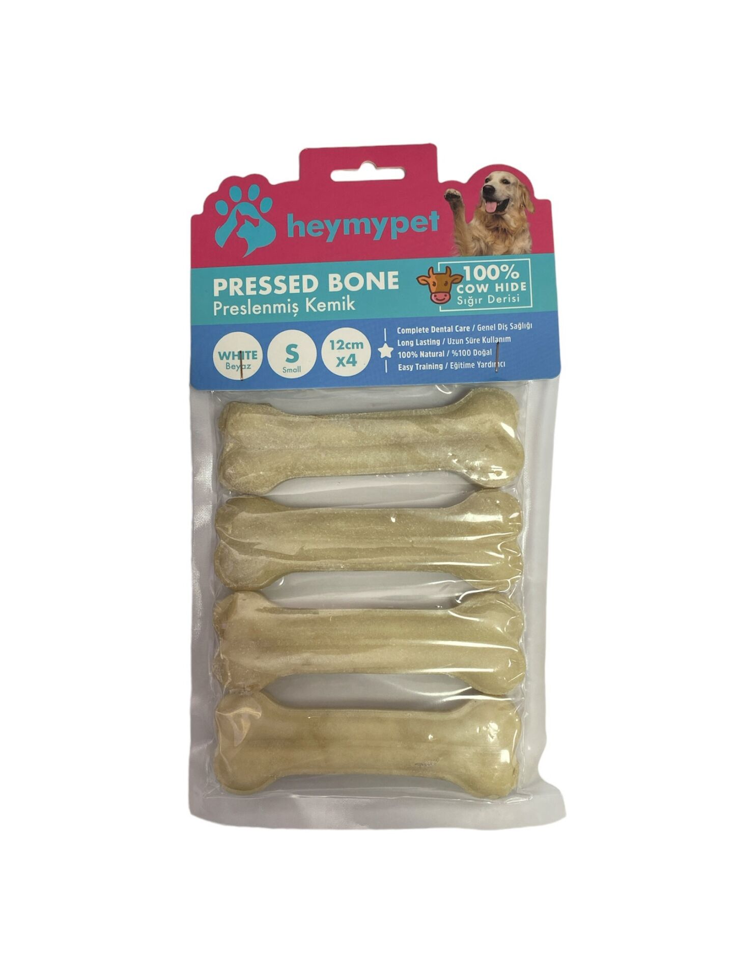 HEYMYPET DERİ PRES KEMİK 12 CM S BOY 4'LÜ PAKET BEYAZ