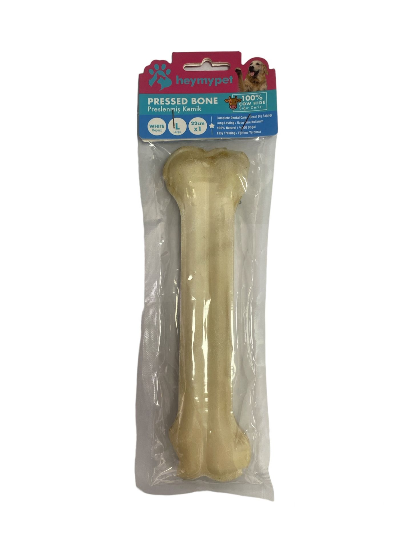 HEYMYPET DERİ PRES KEMİK 22 CM L BOY 1'Lİ PAKET BEYAZ
