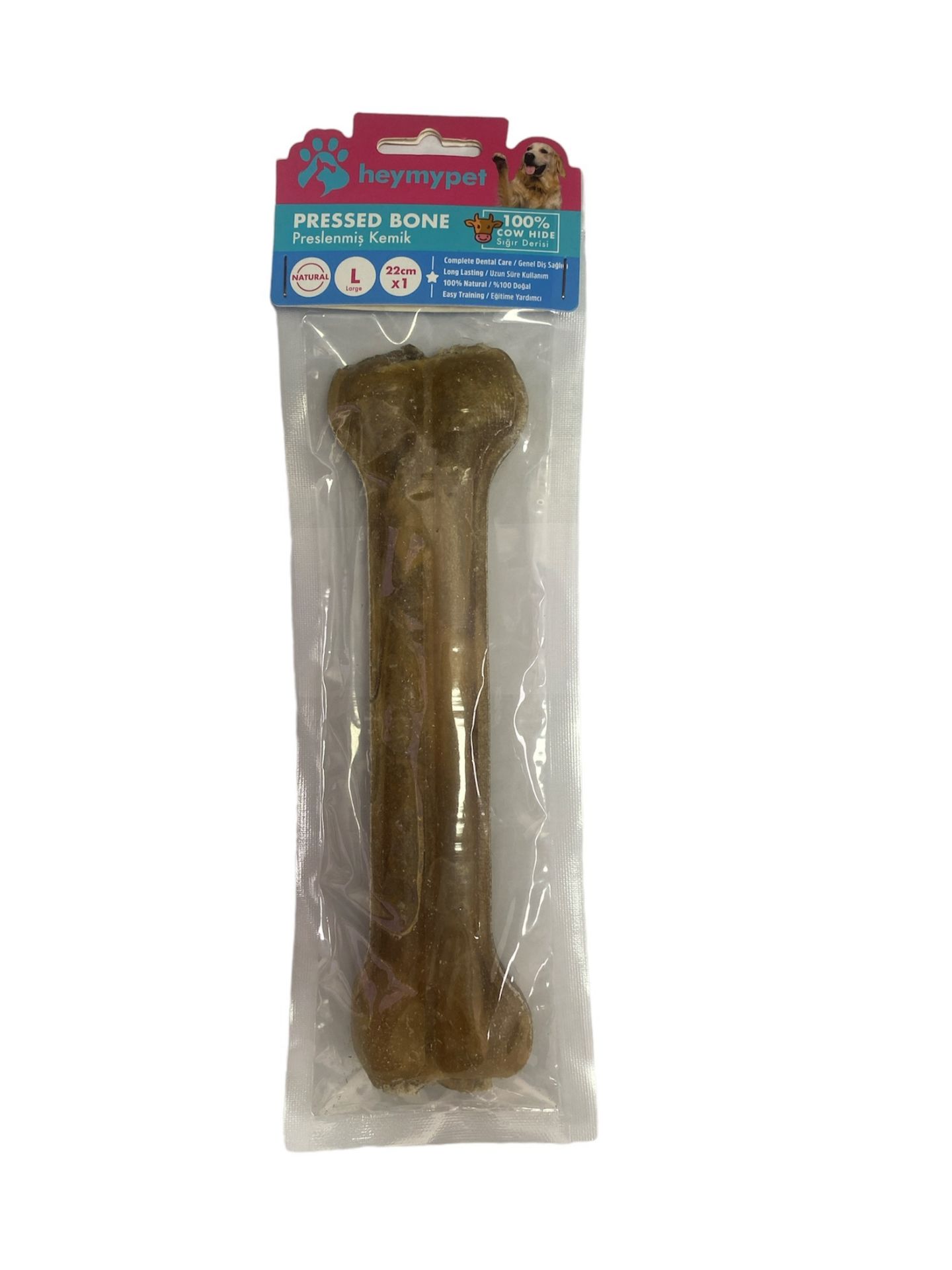 HEYMYPET DERİ PRES KEMİK 22 CM L BOY 1'Lİ PAKET NATUREL