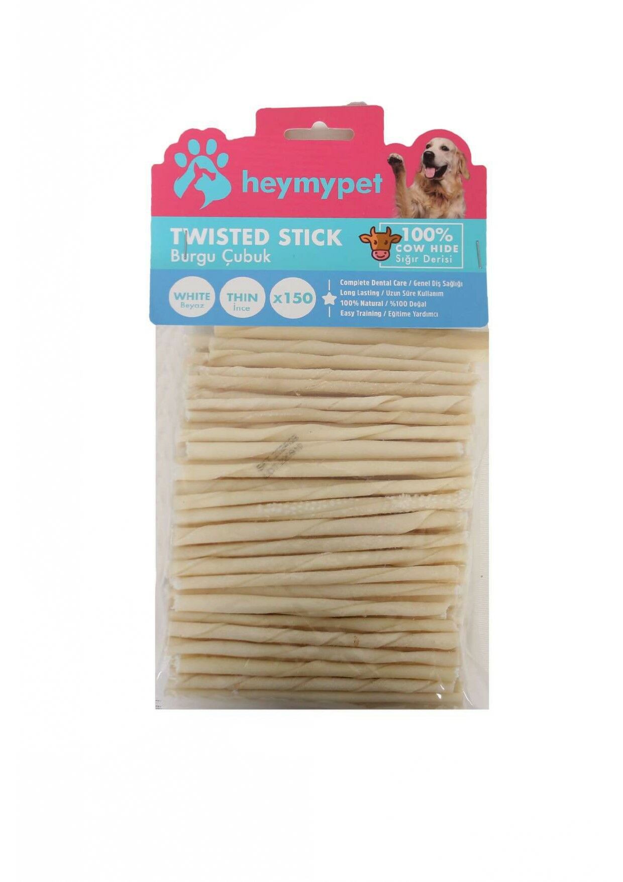 HEYMYPET DERİ BURGU ÇUBUK İNCE BOY 150'Lİ PAKET BEYAZ
