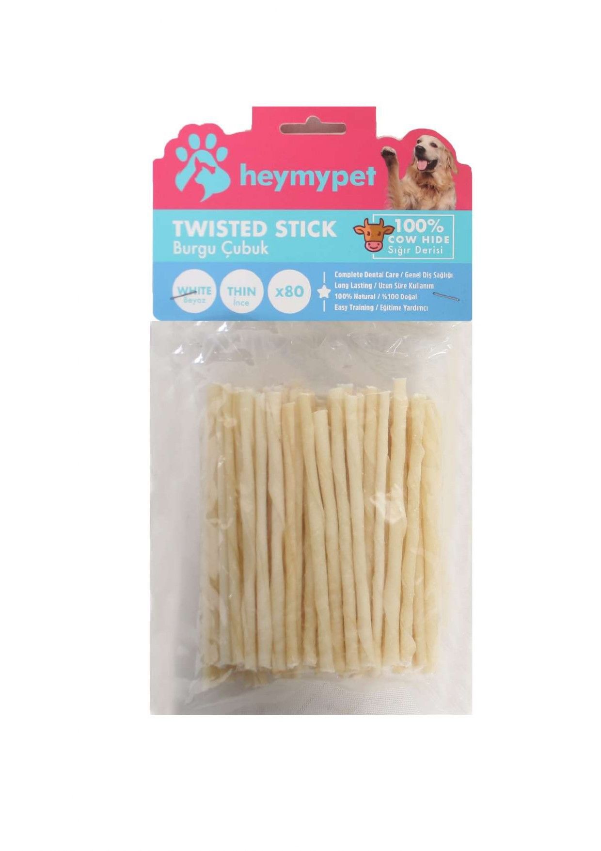 HEYMYPET DERİ BURGU ÇUBUK İNCE BOY 80'Lİ PAKET BEYAZ