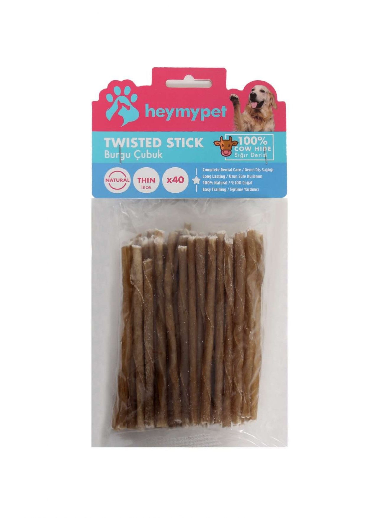 HEYMYPET DERİ BURGU ÇUBUK İNCE BOY 40'LI PAKET NATUREL