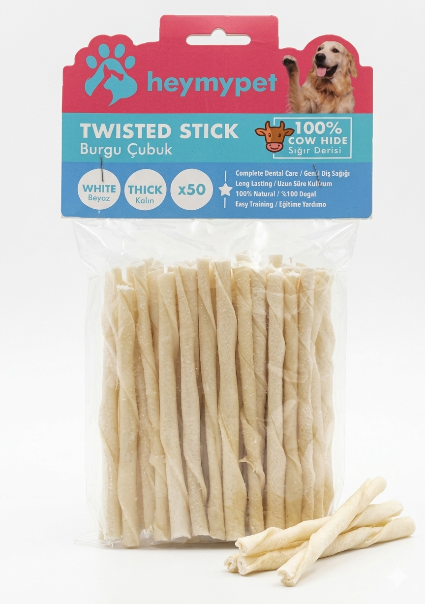 HEYMYPET DERİ BURGU ÇUBUK KALIN BOY 50'Lİ PAKET BEYAZ