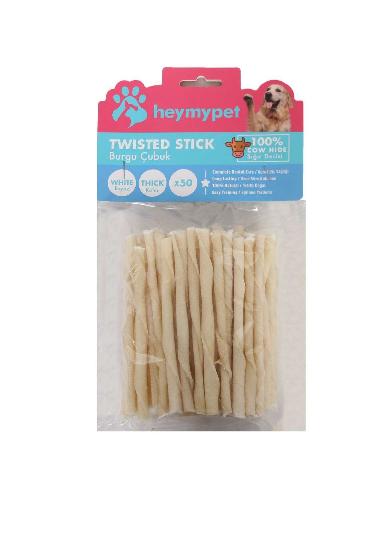 HEYMYPET DERİ BURGU ÇUBUK KALIN BOY 50'Lİ PAKET BEYAZ