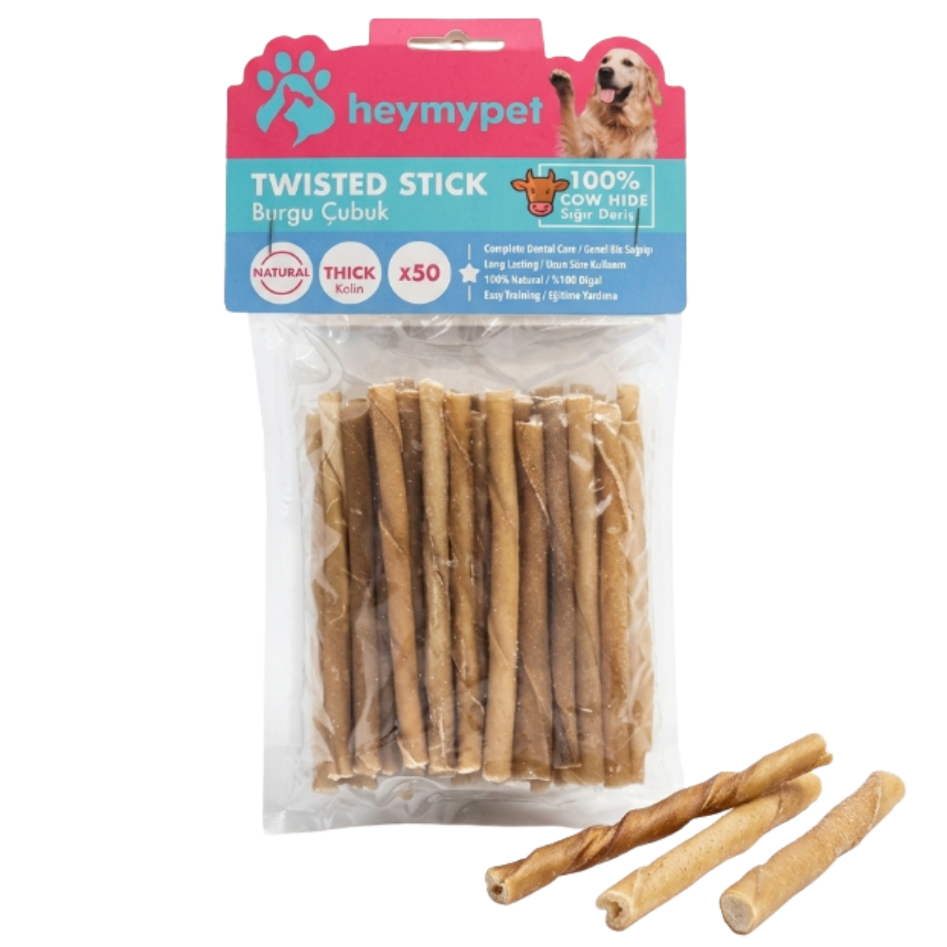 HEYMYPET DERİ BURGU ÇUBUK KALIN BOY 50'Lİ PAKET NATURAL