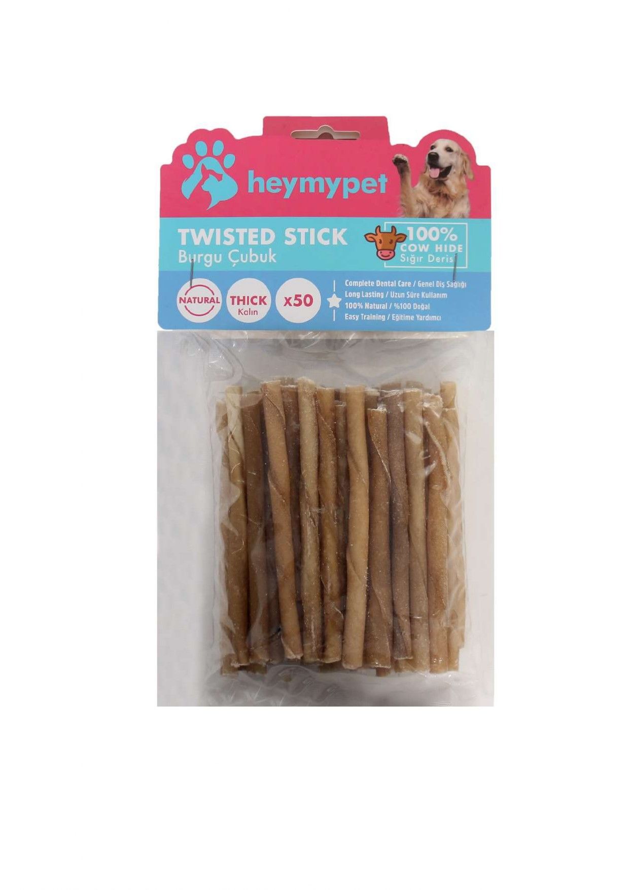 HEYMYPET DERİ BURGU ÇUBUK KALIN BOY 50'Lİ PAKET NATURAL