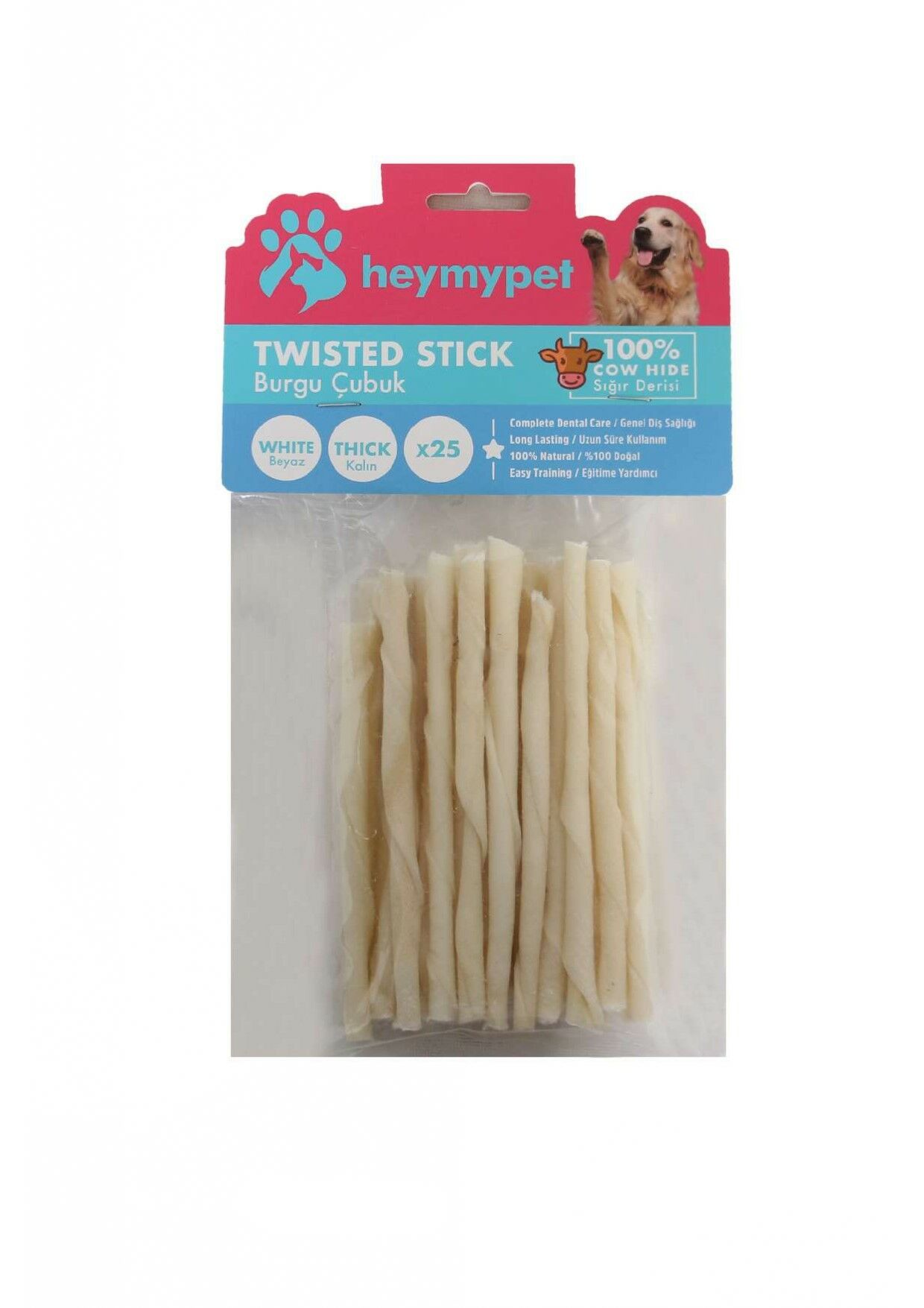 HEYMYPET DERİ BURGU ÇUBUK KALIN BOY 25'Lİ PAKET BEYAZ