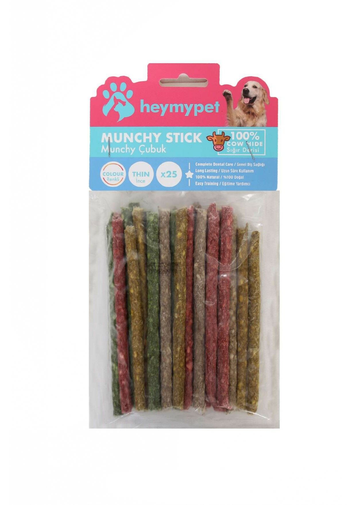 HEYMYPET DERİ MUNCHY ÇUBUK İNCE BOY 25'Lİ PAKET KARIŞIK RENK