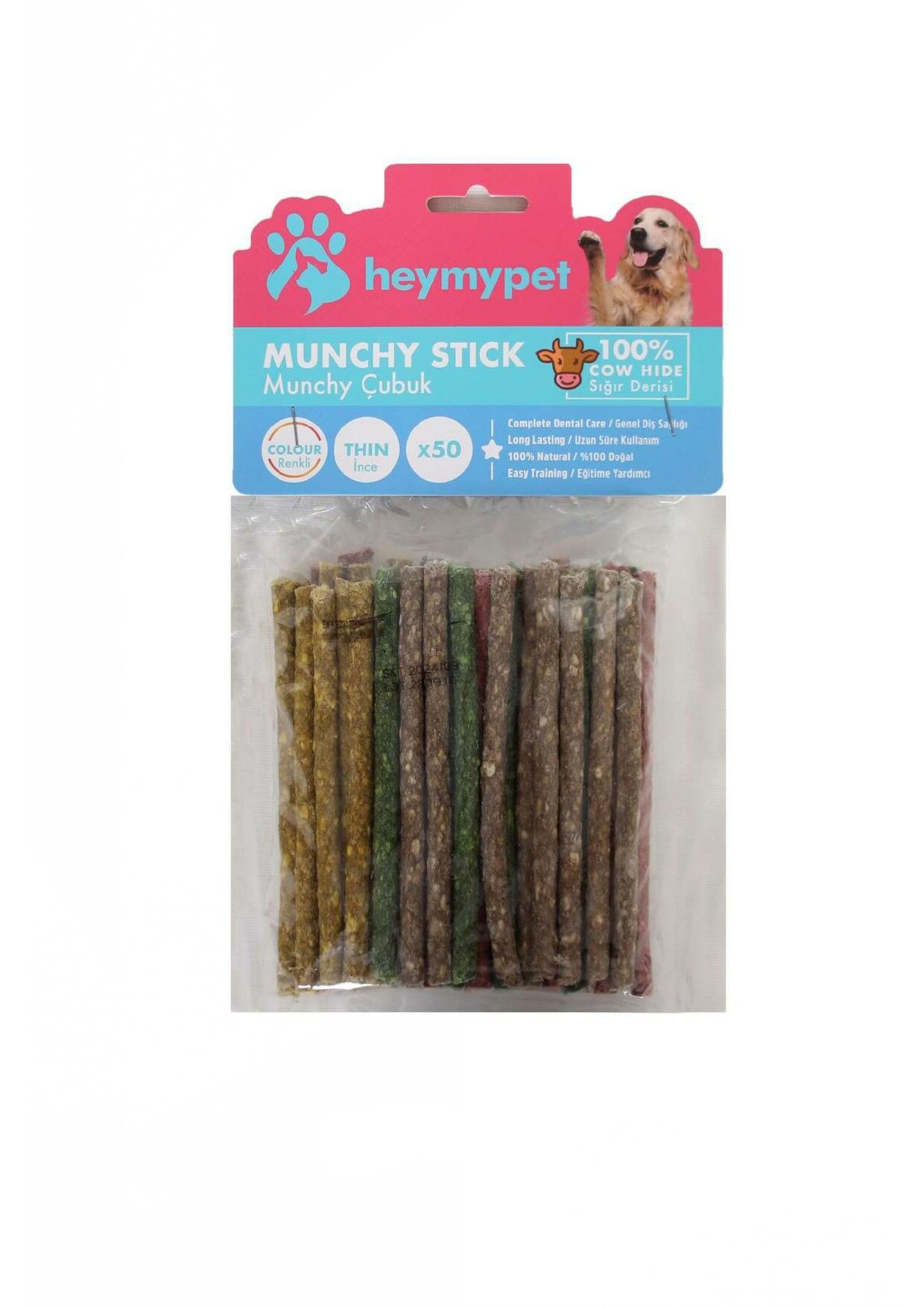 HEYMYPET DERİ MUNCHY ÇUBUK İNCE BOY 50'Lİ PAKET KARIŞIK RENK