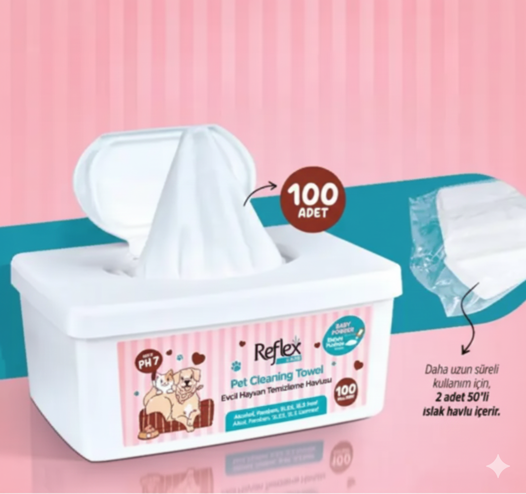REFLEX EVCİL HAYVANLAR İÇİN ÇOK AMAÇLI HİJYENİK TEMİZLEME HAVLUSU 100'LÜ